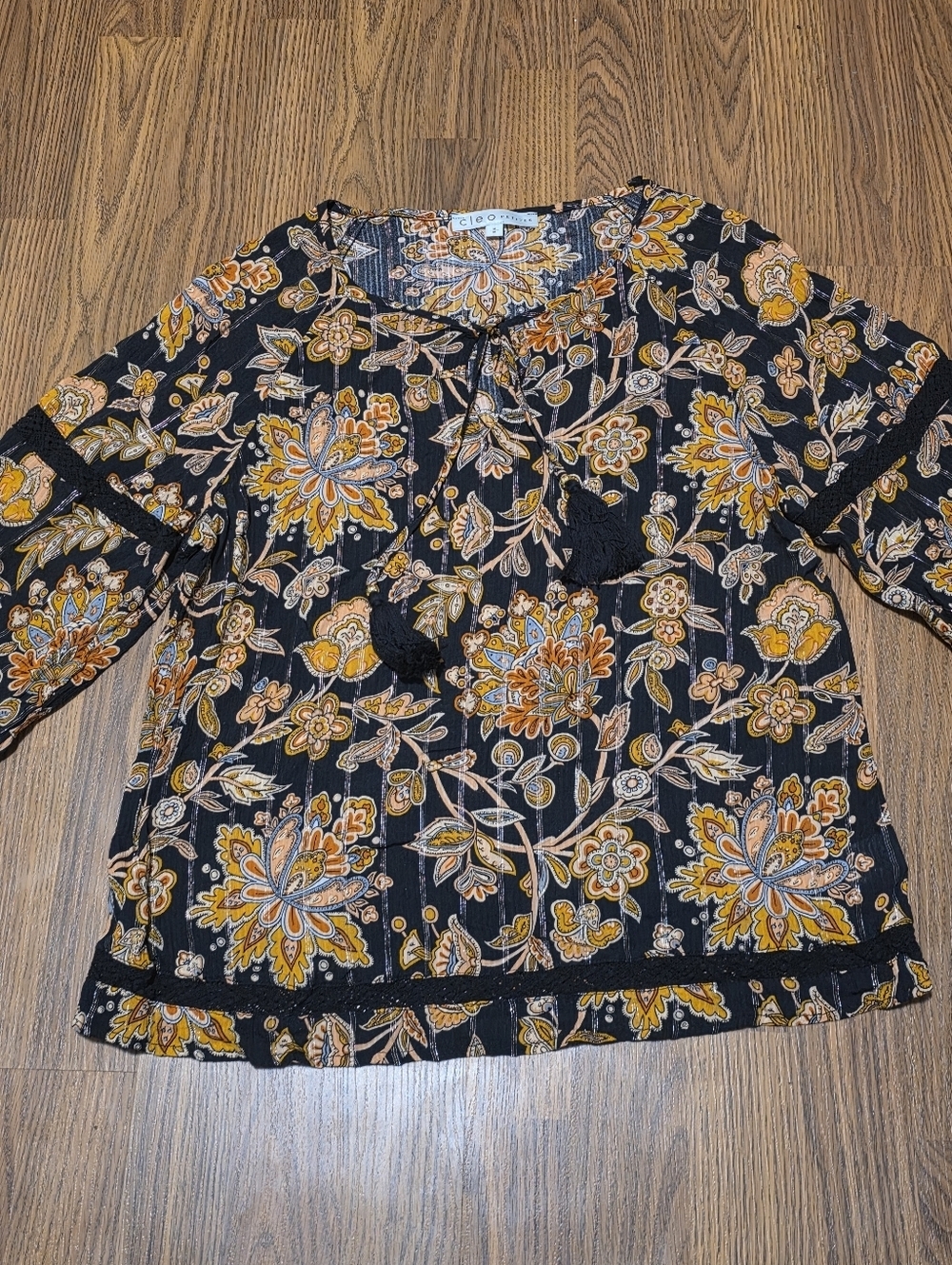 Cleo Petites M Black Gold Floral Boho Peasant Blouse Tassel Tie Long Sleeve Top - Picture 11 of 11